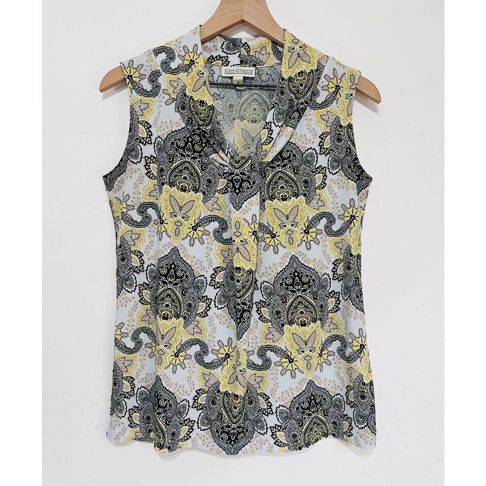 Dana Buchman White With Yellow And Black Paisley Print Sleeveless Top   Size S